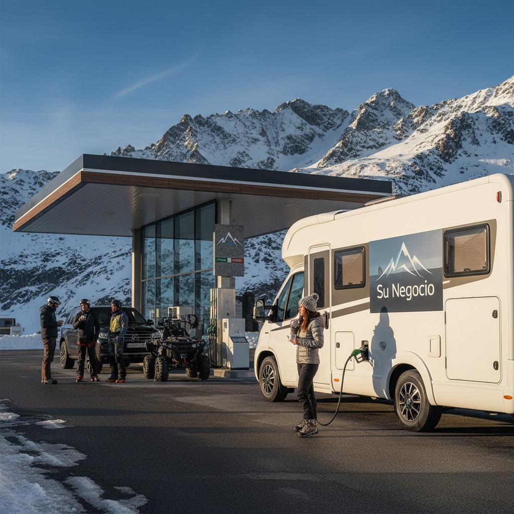A white autocaravan refuelling in an alpine petrol station at the border between Italy and France. The setting has to convey a feeling of high-end living, with snowy peaks in the background and wealthy-looking users of the station around the van. Those users of the petrol station should wear clothes that suggest expansive outdoor activities. They should also (some of them) be looking towards the van, specifically to an add placed on the side of van, the add says: "Su negocio"